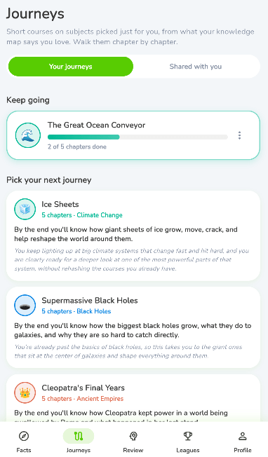Journey suggestions chosen for the learner