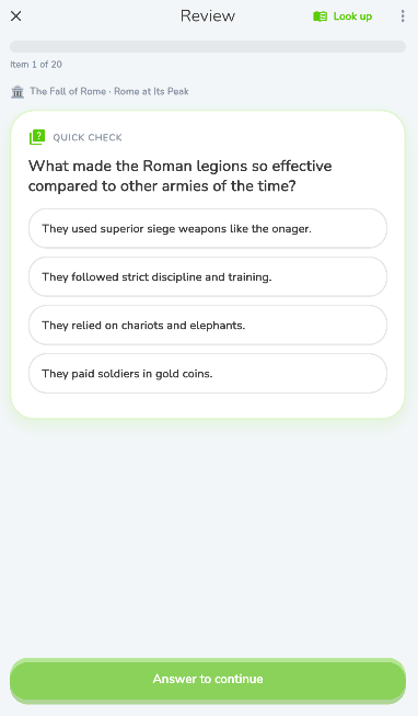 A multiple choice question inside a review session